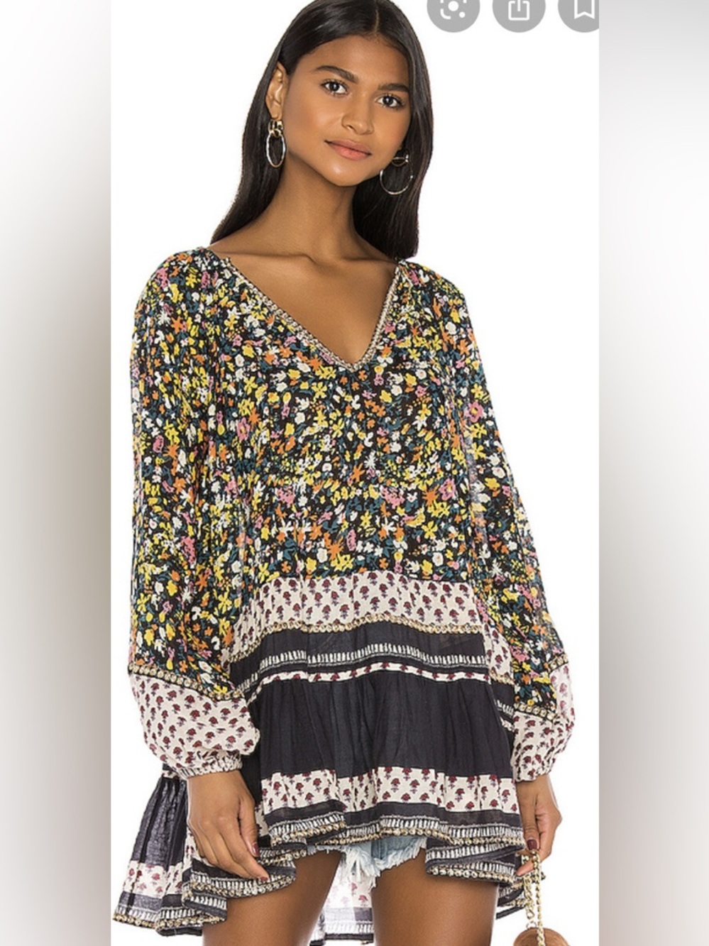 Free People Gardenia Mixed Print Sequin Tunic Blouse Black Small Boho Festival